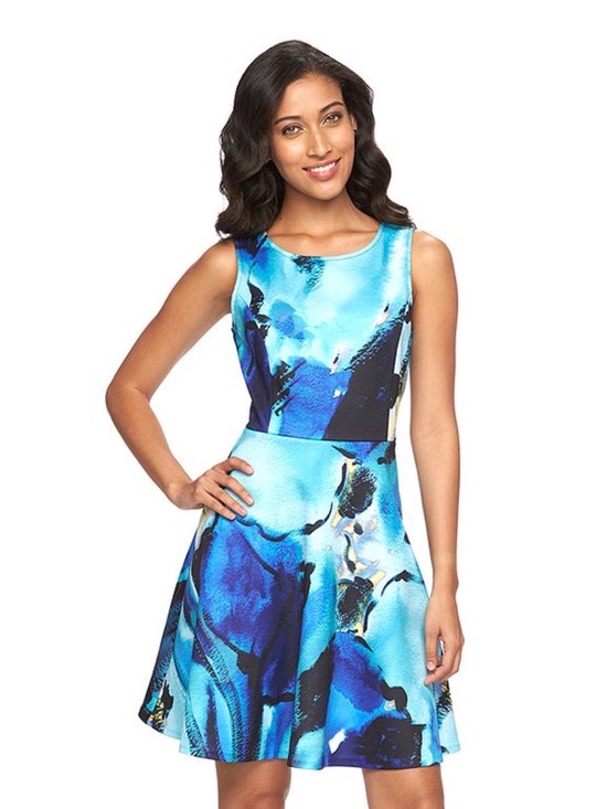 Apt. 9 Dresses & Skirts - Apt. 9 Blue Watercolor Fit-and-Flare Scuba Knit Dress with Pockets